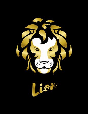 stylized lion's head on a black background in gold colorsのイラスト素材