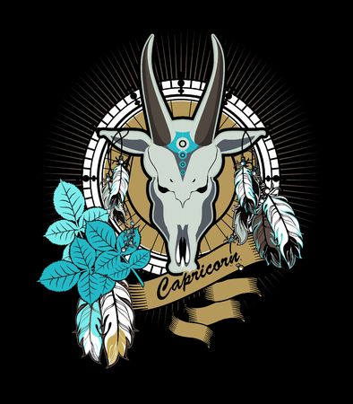 vector illustration zodiac sign Capricorn emblem vintage frame with feathers on a black backgroundのイラスト素材