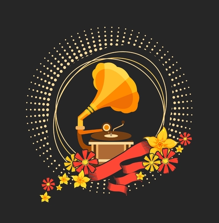Vector illustration of retro music concept works gramophone music pours out of it in the form of flowersのイラスト素材