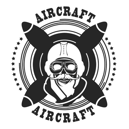 emblem in retro style on a background of a dead pilot propeller aircraft, a skull wearing black and white helmetのイラスト素材