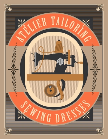 vector retro poster sewing workshop Atelier tailoring picture old sewing machineのイラスト素材