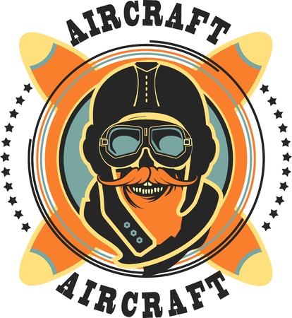 Vector emblem in retro style on a background of a dead pilot propeller aircraft, a skull wearing a helmetのイラスト素材