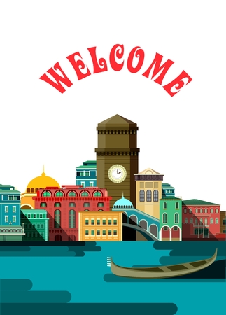 vector illustration Flyer or cover a city on water gondola floating on the riverのイラスト素材