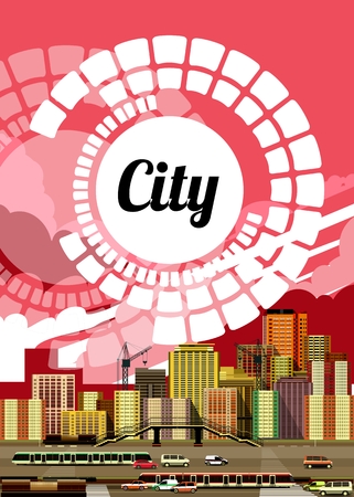 vector illustration Flyer or cover city life abstract drawing with the inscription traffic on the beautiful background of the skyのイラスト素材