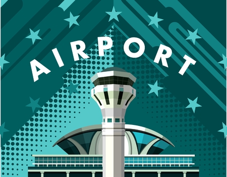 vector illustration poster plane taking off the airport building retro posterのイラスト素材