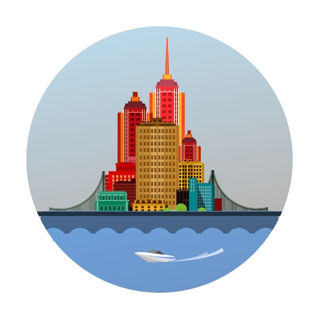 vector illustration round emblem of a huge metropolis with a bridge on the river bankのイラスト素材