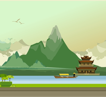 vector illustration of an old Buddhist temple on the banks of the river in the highlands of the boat floats down the riverのイラスト素材