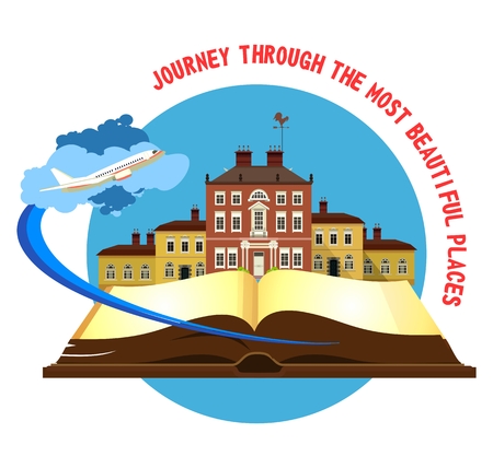 vector illustration round emblem of the beautiful old castle on a background of an open book airplane taking offのイラスト素材