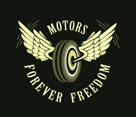 vector retro emblem on motorcycle tire with wings on a black backgroundのイラスト素材