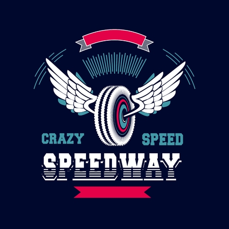 vector retro emblem on the auto tire with wingsのイラスト素材