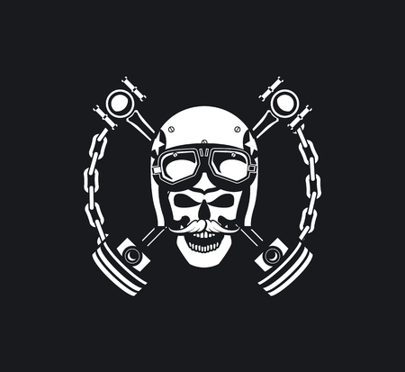 vector skull emblem in the helmet with the pistons on a white background Black and whiteのイラスト素材