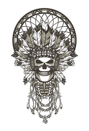 vector illustration of a dead Indian chief in a headdress of feathers and attributes of power white backgroundのイラスト素材