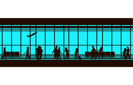 vector illustration of the airport building waiting room large picture window, people silhouettes, mourners, horizontal poster,のイラスト素材