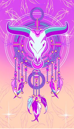ethnic Dreamcatcher head dead bull with large hornsのイラスト素材