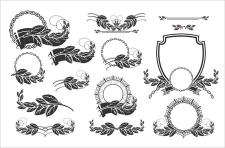 Design elements Laurel wreaths winners, swirls, frames, coat of arms, These elements are well suited for decorating your pages, flyers, help to create cards, greetings, invitations, and much more, black and whiteのイラスト素材