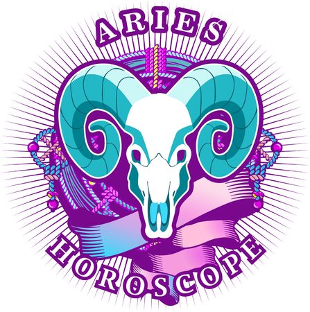 Vector illustration of magic horoscope sign Aries style of the 60s, bright hippie art isolated on white backgroundのイラスト素材