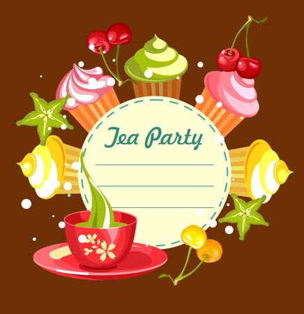 Vector illustration of sweets cupcakes with fresh berries cherry cannons around the circular blank forms for menu prompts with a cup of green teaのイラスト素材