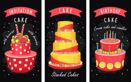 Illustration of birthday cake and sweets on a bilateral leaflet second side of space for text on a black backgroundのイラスト素材