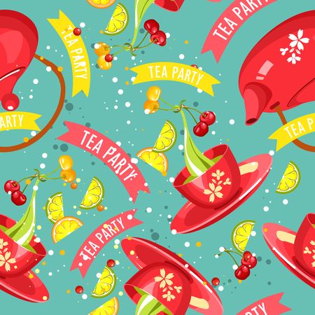 green fruit tea seamless pattern square shape with a tea cup and saucer and ripe berriesのイラスト素材