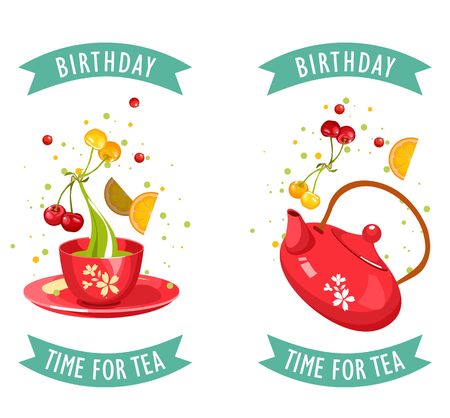 vector illustration of a tea party set of two cards with a cup of tea and, perfect for an invitation. business cards, flyersのイラスト素材