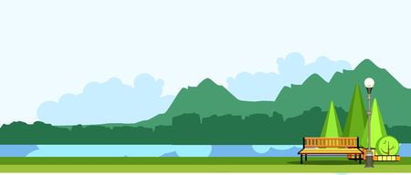vector illustration horizontal panoramic landscape of mountainous terrain summer day park near the place of the river for recreation cozy bench cropped trees in the park flower beds.のイラスト素材
