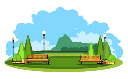 vector illustration horizontal landscape summer day mountains on the horizon in plain videde semicircular plateauのイラスト素材