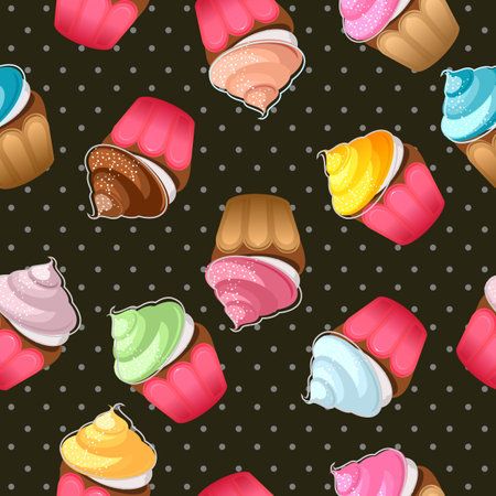 Pattern of cupcakes with cream and meringue of different flavors isolated on black backdrop with dots.のイラスト素材