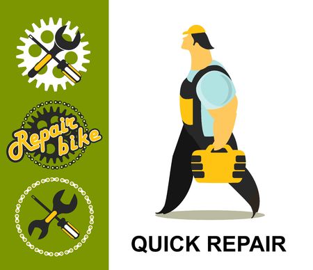 Vector illustration of a repairman working on a white background is a tool box to fix the bikeのイラスト素材