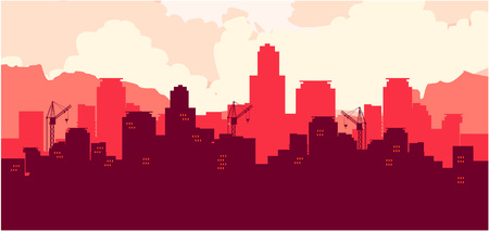 Red vector illustration of a panoramic image of an evening city sunset silhouette of housesのイラスト素材