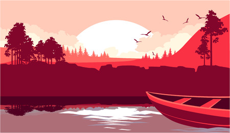 Vector Illustration fictional landscape, wild forest and mountains, on the river boat boat of the dawnのイラスト素材