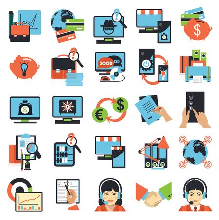 Vector business icons network technology database analyst productivity labor flat signs isolated white backgroundのイラスト素材