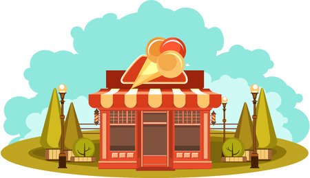 Vector clipart Fun and leisure park facade of a small ice cream shop among cut figured treesのイラスト素材