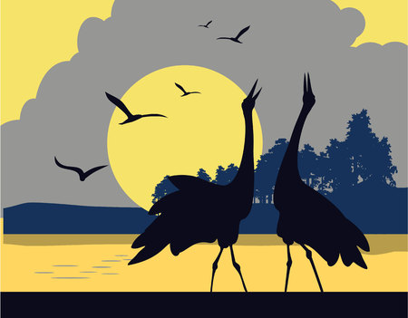 Vector illustration of a silhouette of a heron bird on the background of a river at sunriseのイラスト素材