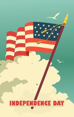 Vector illustration of a vintage poster for the Independence Day holiday of America, the national flag on a background of a clean skyのイラスト素材