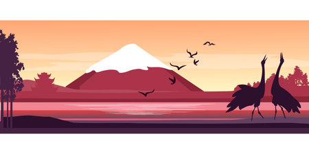 A vector illustration of a panoramic japanese landscape silhouette of a flamingo bird near a river against a backdrop of Mount Fuji.のイラスト素材