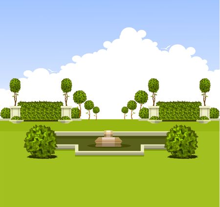 Vector illustration of a scene of a public recreation park garden plants of a benchのイラスト素材