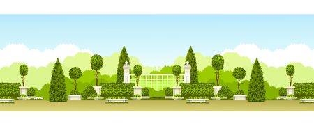 Vector illustration seamless pattern panoramic view of public praka with a hedge of topiary trees and a place for relaxationのイラスト素材