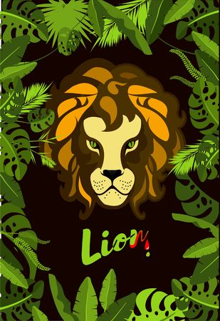 Vector illustration of a frame of exotic plants and tropical leaves of the jungle showing the face of a lion hunterのイラスト素材