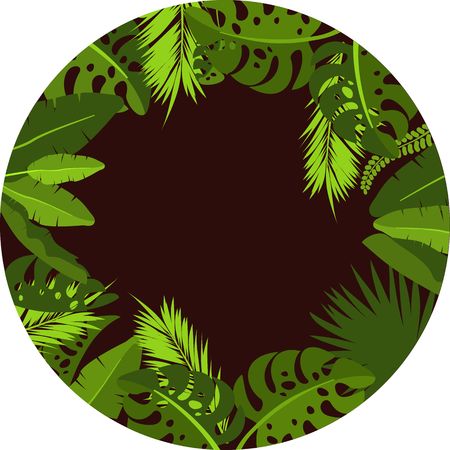 Vector illustration of round frame with tropical leaves of exotic plants on a dark backgroundのイラスト素材