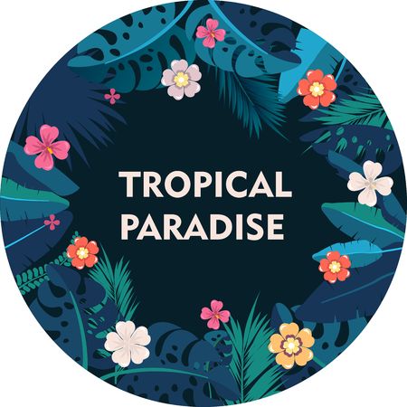 Vector illustration of round frame with tropical leaves and exotic plants and flowers on a blue background textのイラスト素材