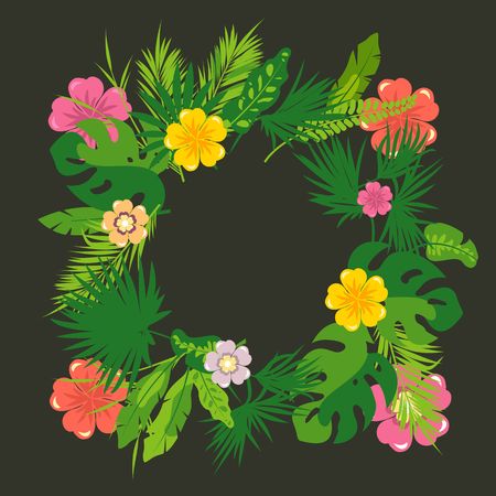Vector illustration of a wreath of tropical leaves, exotic leaves and flowers on a black backgroundのイラスト素材