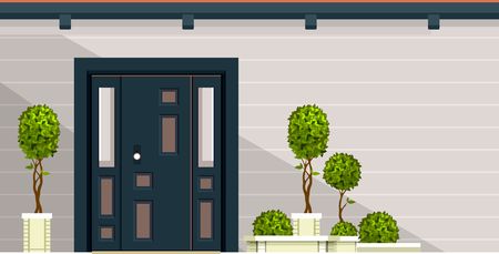 Vector illustration of the facade of a wooden house entrance door to the building of a home garden on the doorstep into the roomのイラスト素材