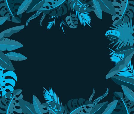 Illustration of square frame with tropical leaves of exotic plants on blue backgroundのイラスト素材