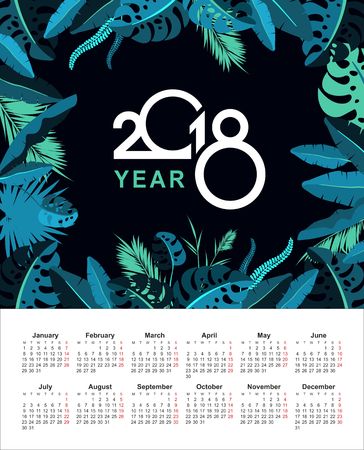 Vector calendar 2018 with exotic plants and tropical leavesのイラスト素材