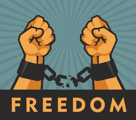 Vector illustration retro poster of two hands clenched into a fist tearing chainsのイラスト素材