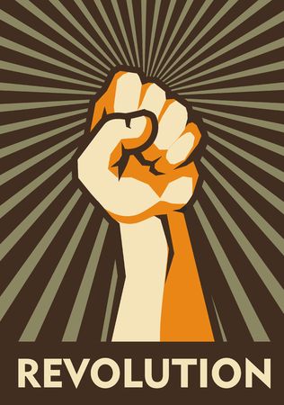 Vector vertical illustration of a retro poster with raised up hand clenched into a fistのイラスト素材