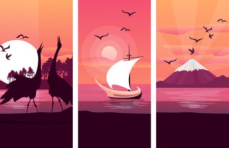 A vector illustration of three pictures of the Japanese sunriseのイラスト素材