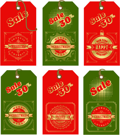 vector illustration set of holiday tags with christmas and new year with elements of festive decorationsのイラスト素材