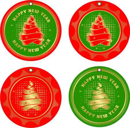 vector illustration set of festive round tags with a picture of Christmas trees made of ribbons red gold colorのイラスト素材
