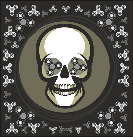 Vector illustration retro poster popular toy anti stress spinner spinning in the eye sockets of the skull. trendのイラスト素材